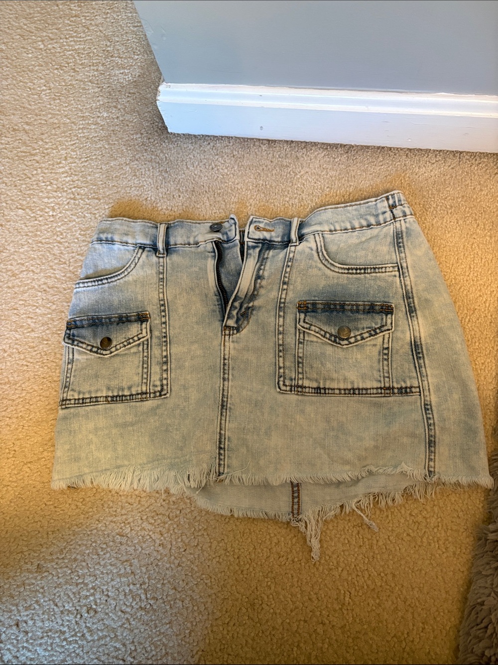 aerie Light Blue Denim Mini Skirt with Front Patch Pockets